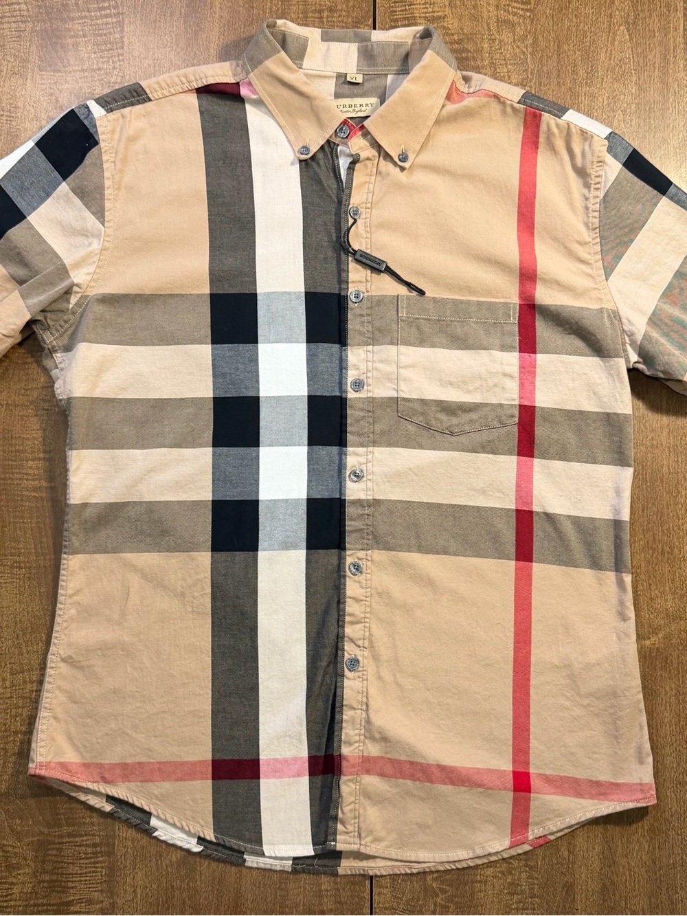 Burberry Tan Plaid Short-Sleeve Button-Down Shirt with Red and Black Stripes